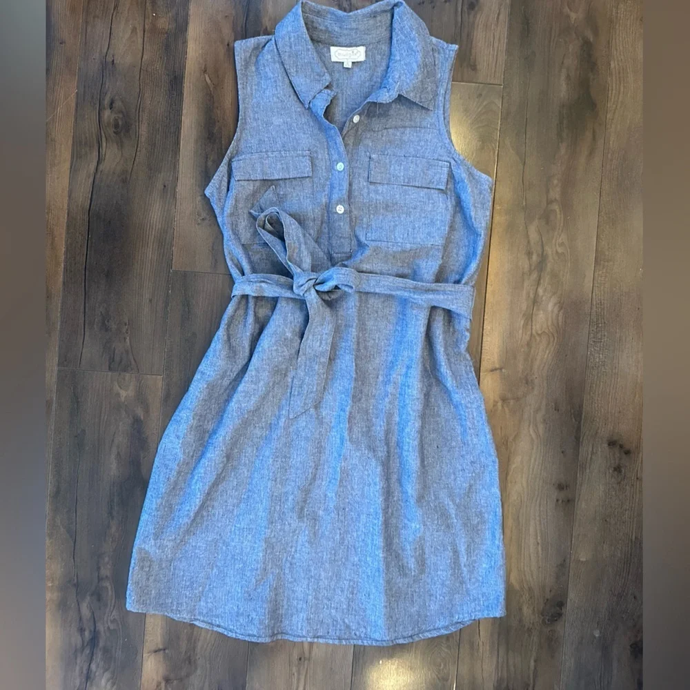 Mud Pie Chambray Belted Midi Dress S | Summer Casual Blue Button Front - Picture 1 of 9